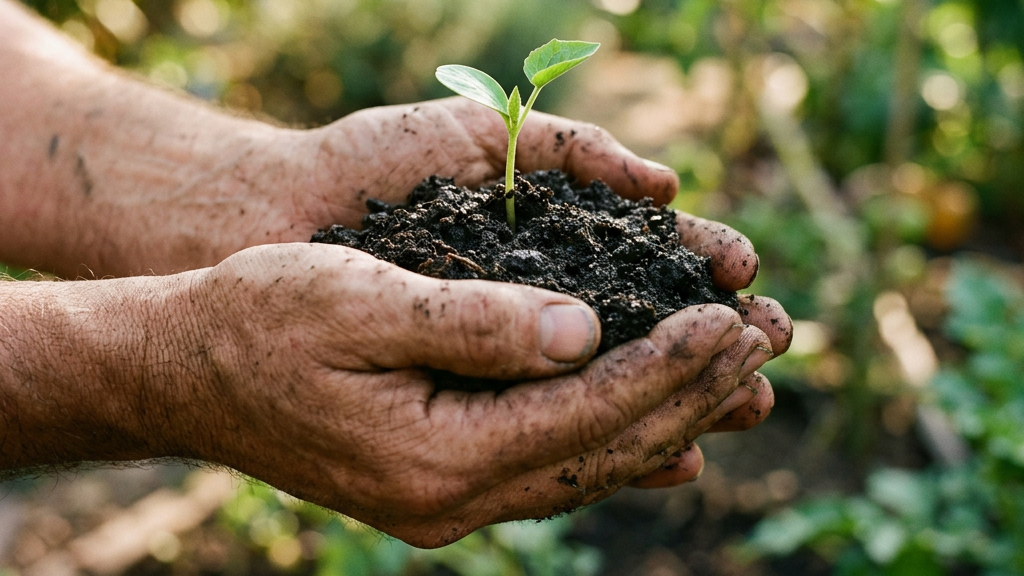 Dirty hands holding soil with a young plant seedling
