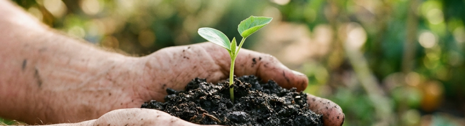 Dirty hands holding soil with a young plant seedling