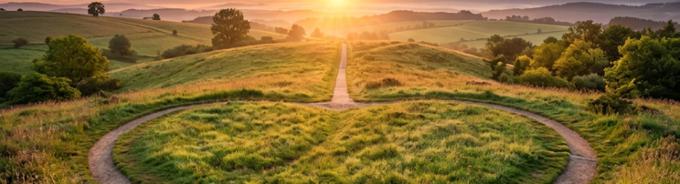 Heart-shaped walking path on grassy hill at sunrise with rolling hills in distance