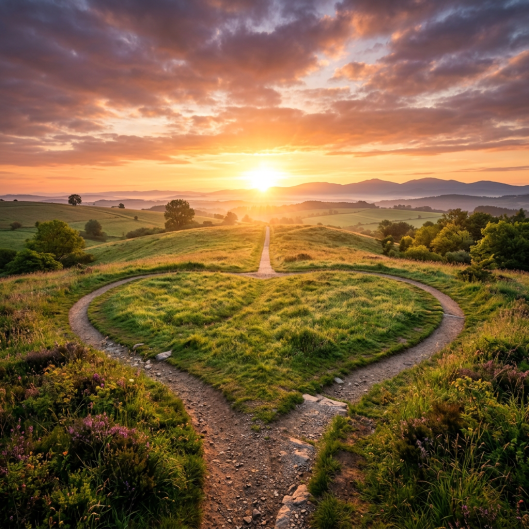 Heart-shaped walking path on grassy hill at sunrise with rolling hills in distance