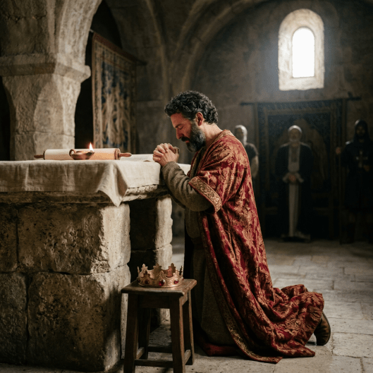 Medieval king kneeling and praying before altar with crown on stool