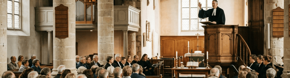 Pastor speaking from pulpit to congregation inside a historic church